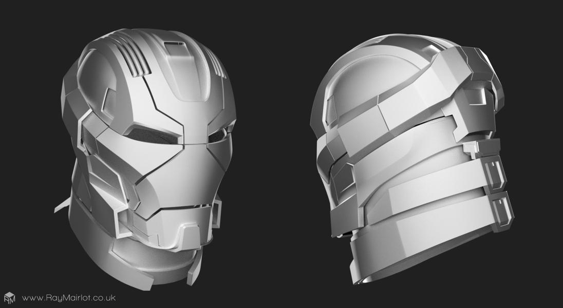 A 3D render of a model of the helmet and neck from the Iron Man 'Heartbreaker' suit shown from the front and back on a dark grey background.